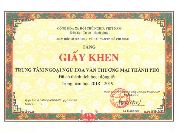 Bằng khen Sở Giáo Dục TPHCM - Trung Tâm Tiếng Trung Tốt