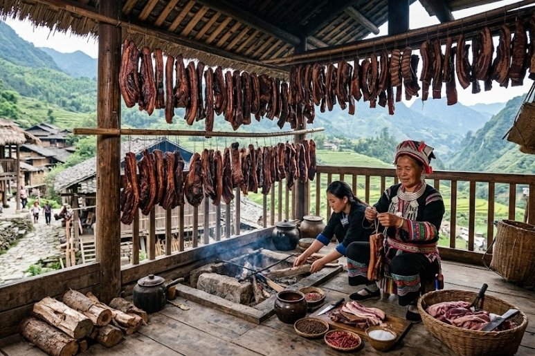 ẩm thực vân nam - Thịt Lợn Sấy Khô Người Lisu 傈僳族腊肉