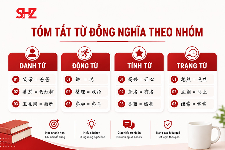 Infographic tóm tắt các cặp từ đồng nghĩa theo nhóm - 100 cặp từ đồng nghĩa trong tiếng Trung