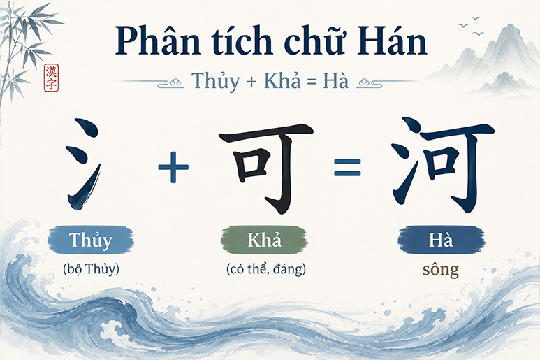 Ví dụ phân tích chữ Hán: thủy + khả = hà