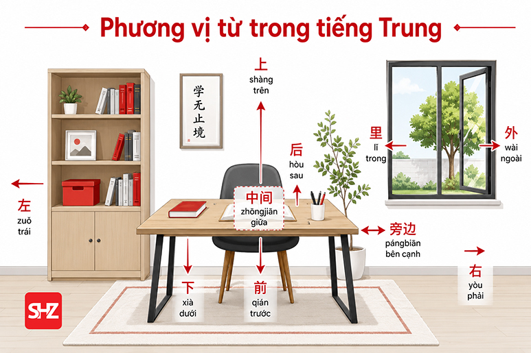 phương vị từ trong tiếng Trung - bảng minh họa vị trí và phương hướng