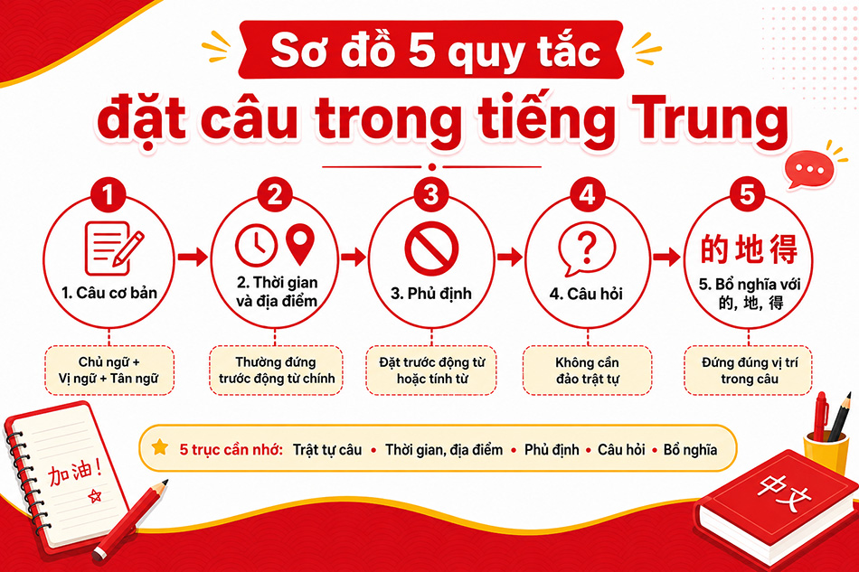 Sơ đồ 5 quy tắc đặt câu trong tiếng Trung