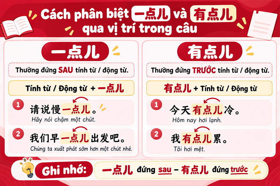 Cách phân biệt 一点儿 và 有点儿 qua vị trí trong câu